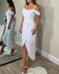 Women's Allover Sequin Cold Shoulder Wrap Slit Dress Elegant Ruched Party Evening Gown
