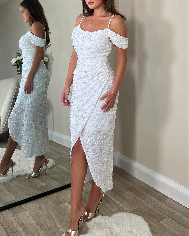Women's Allover Sequin Cold Shoulder Wrap Slit Dress Elegant Ruched Party Evening Gown