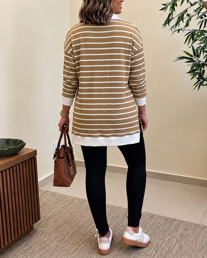 Women's Striped Waffle Knit Henley Collar Loose Long Sleeve Side Slit Top