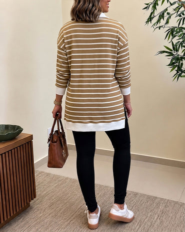 Women's Striped Waffle Knit Henley Collar Loose Long Sleeve Side Slit Top