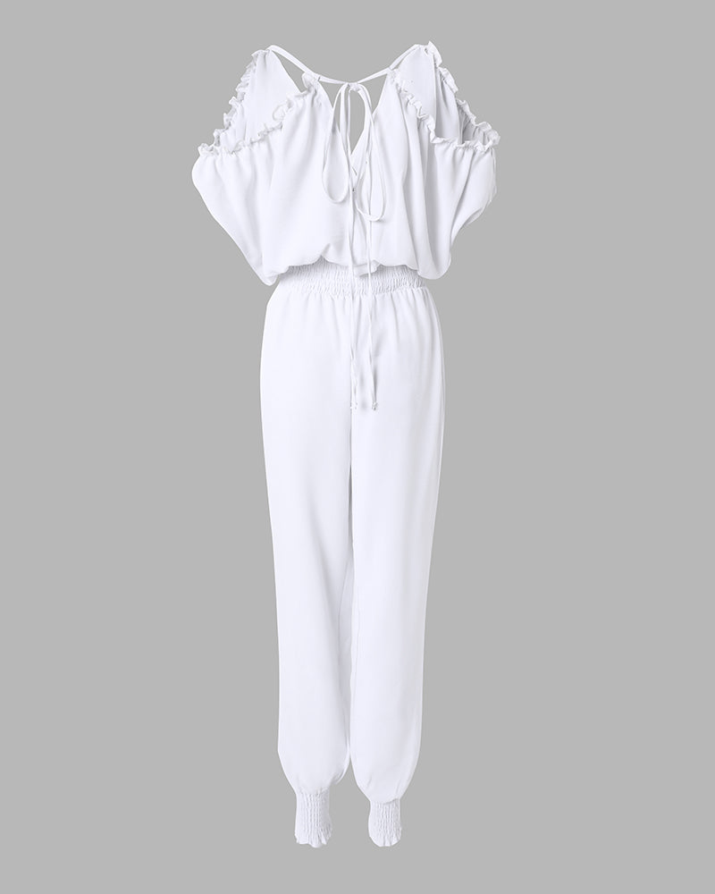 Women's Cold Shoulder Jumpsuit Surplice V Neck Shirred Waist Overalls Casual Frill Trim Tied Detail Hollow Out Jumpsuit