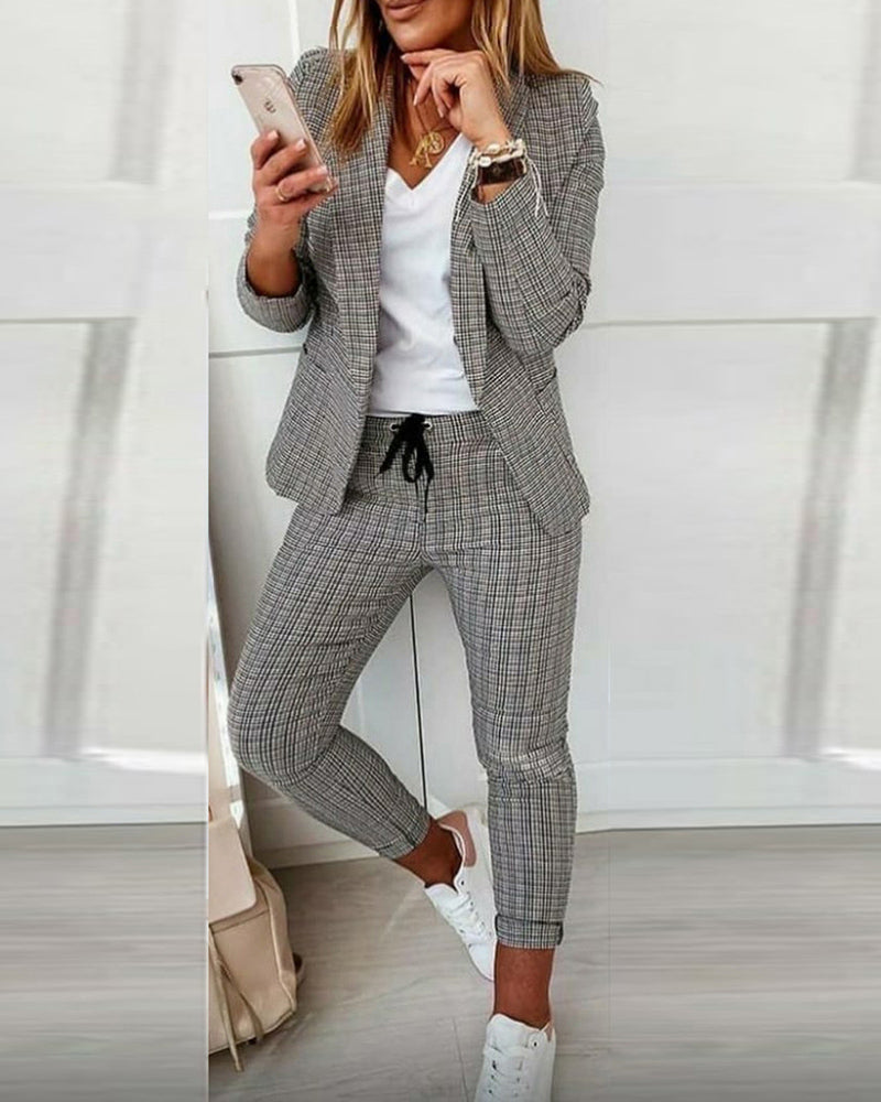 2 Piece Blazer Notched Collar Plaid Print Coat Drawstring Pants Set With Pockets Casual Suits
