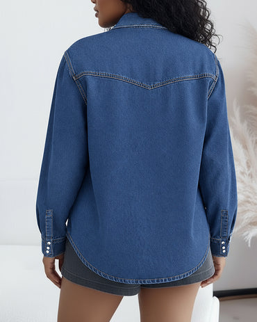 Vintage Rhinestone & Pearls Decor Turn-down Collar Button Front Curved Hem Coat Casual Floral Pattern Flap Pockets Design Washed Denim Coat