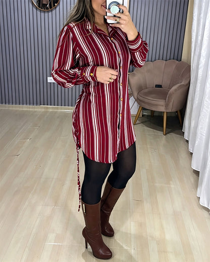 Women's Striped Shirt Dress Button Down Long Sleeve Shirred Waist Casual Dress