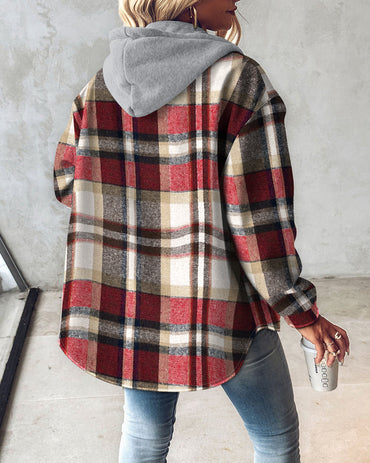 Plaid Print Long Sleeve Button Front Drawstring Hoodie Jacket Casual Pocket Design Thermal Lined Warm Coat