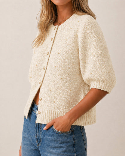 Women's Boucle Knit Cardigan Gold Beaded Puff Sleeve Sweater Crewneck Button Up Elegant Crop Outerwear