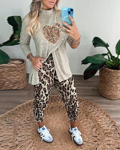 2 Piece Sequin Heart Pattern Mock Neck Long Sleeve Slit Top Leopard Print High Waist Cuffed Pants Lounge Sets