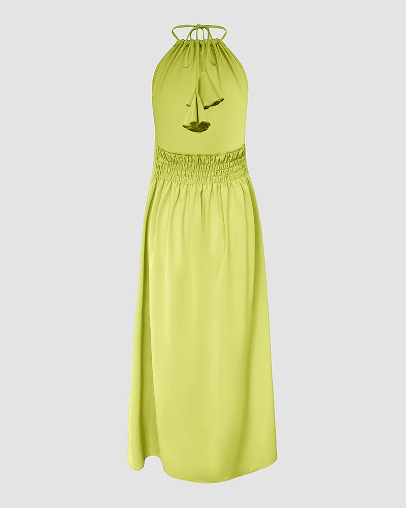 Halter Sleeveless Backless Maxi Dress Casual Shirred Back Side Slit Vacation Dress