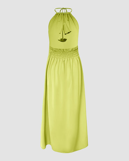 Halter Sleeveless Backless Maxi Dress Casual Shirred Back Side Slit Vacation Dress