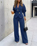 Women's 2 Piece Set V-Neck Cinched Waist Gigot Sleeve Top and High Waist Wide Leg Pants Elegant Set