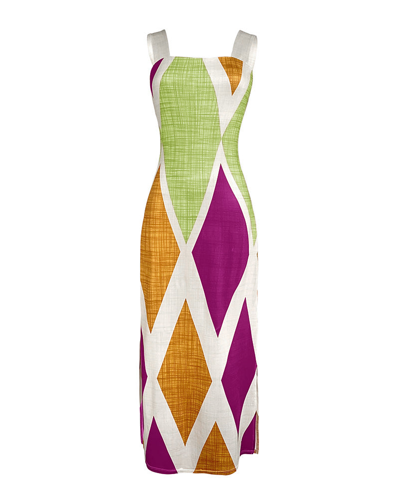 Geometric Print Square Neck Thick Strap Vacation Dress Casual Slim Fit Slit Maxi Dress