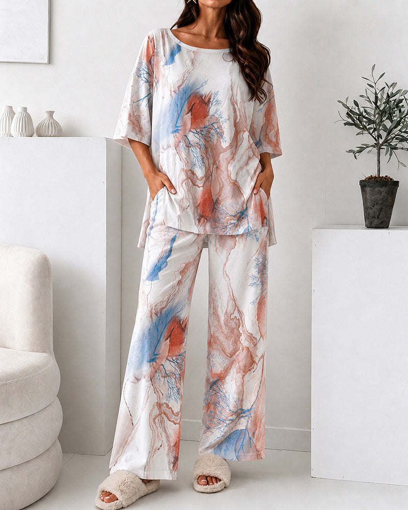 Women's 2 Piece Marble Print Pajama Set Half Sleeve Side Slit Top and Straight Leg Pants Casual Loungewear