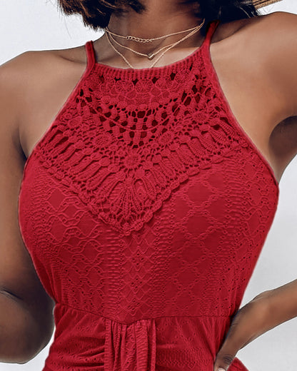 Adjustable Halter Hollow-out Back Ruched Front Slit Dress Guipure Lace Yoke Eyelet Embroidery Vacation Dress