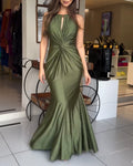 Women's Halter Tie Satin Maxi Dress Twist Front Cutout Backless Mermaid Cockail Dress Ruched Evening Party Dress