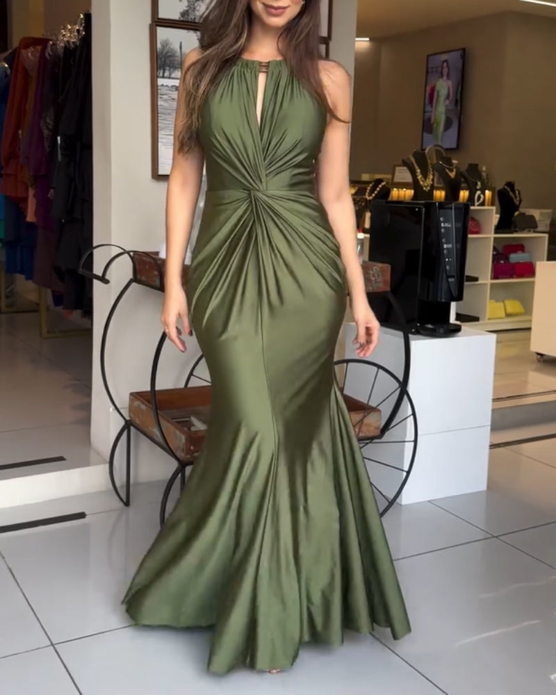 Halter Tie Satin Maxi Dress Twist Front Cutout Backless Mermaid Cockail Dress Ruched Evening Party Dress