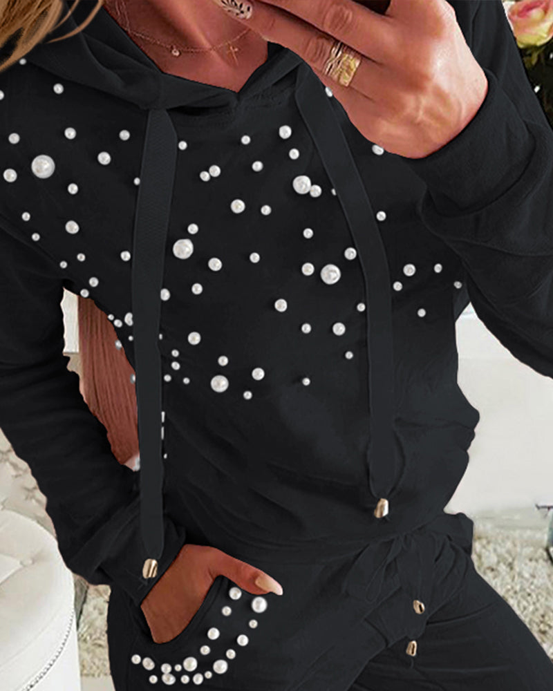 Beaded Hooded Top & Drawstring Pants Set
