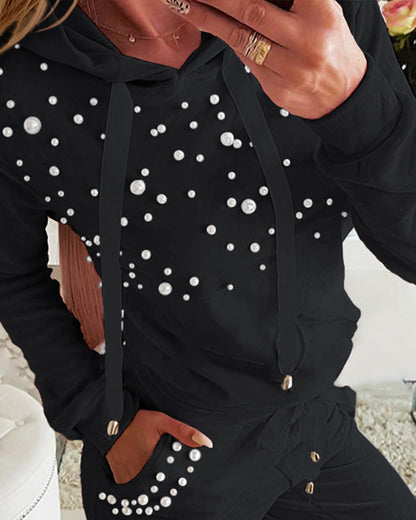 Beaded Hooded Top & Drawstring Pants Set