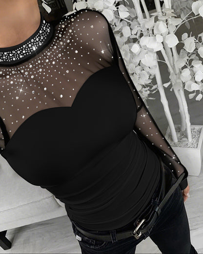 Rhinestone Decor Mock Neck Lantern Sleeve Sheer Mesh Spliced Tee Hollow-out Back Slim Fit Top