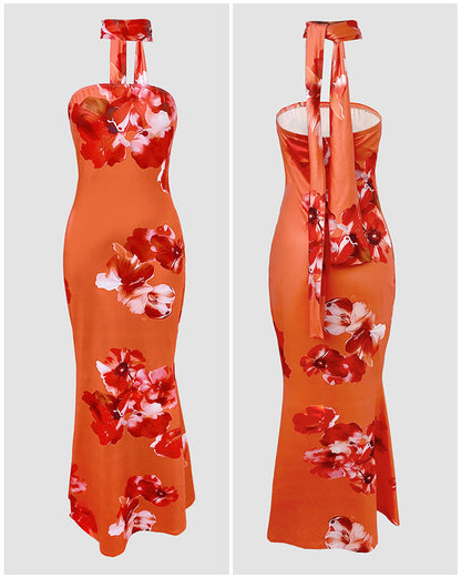 CHICME Women's Tropical Floral Print Mermaid Maxi Dress Convertible Halter Tube Dress Sleeveless Bodycon Evening Dress