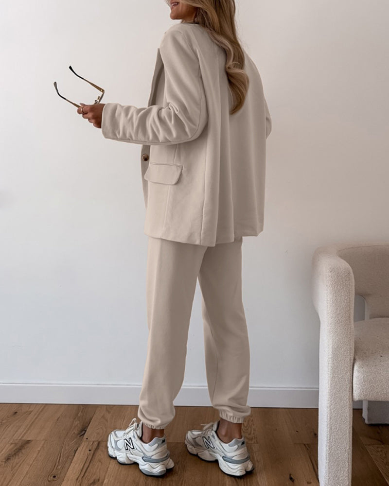 Shawl Collar Long Sleeve Blazer and Drawstring Pants Set