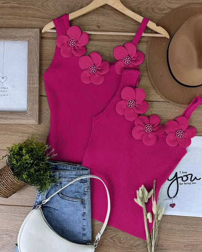 1PC Floral Pattern Beaded Decor Knit Tank Top Sleeveless Shirt