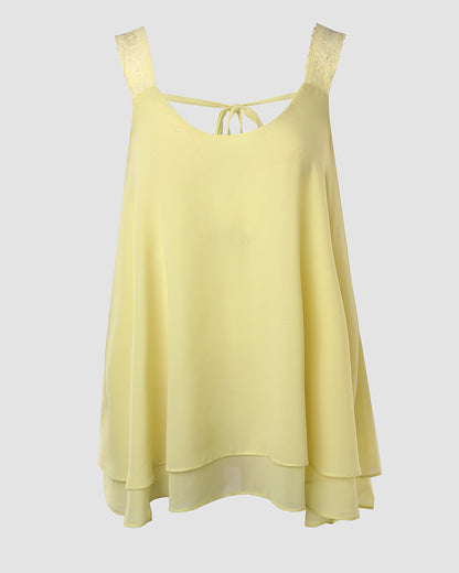 U-Neck Thick Strap Tank Contrast Lace Tied Detail Top