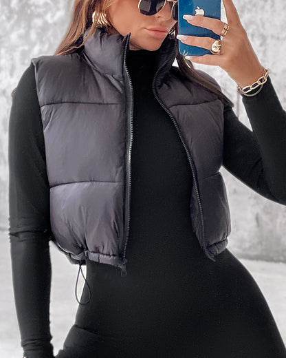 Stand Collar Zip Up Lightweight Cropped Puffer Vest Sleeveless Drawstring Hem Padded Coat