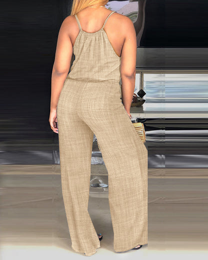 Womens Spaghetti Strap Drawstring Tied Waist Jumpsuit Casual Overalls