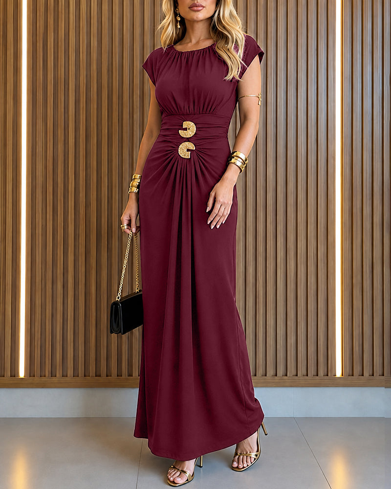 Women's Boat Neck Ruched Maxi Dress Gold Buckle Cap Sleeve Formal Evening Gown
