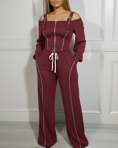 2 Pieces Outfit Trendy Long Sleeve Cold Shoulder Top and Drawstring Waist Pants with Pockets