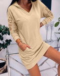 Women's Hooded Sweatshirt Dress V Neck Long Sleeve Guipure Lace Spliced Pullover Hoodie Dress with Pocket