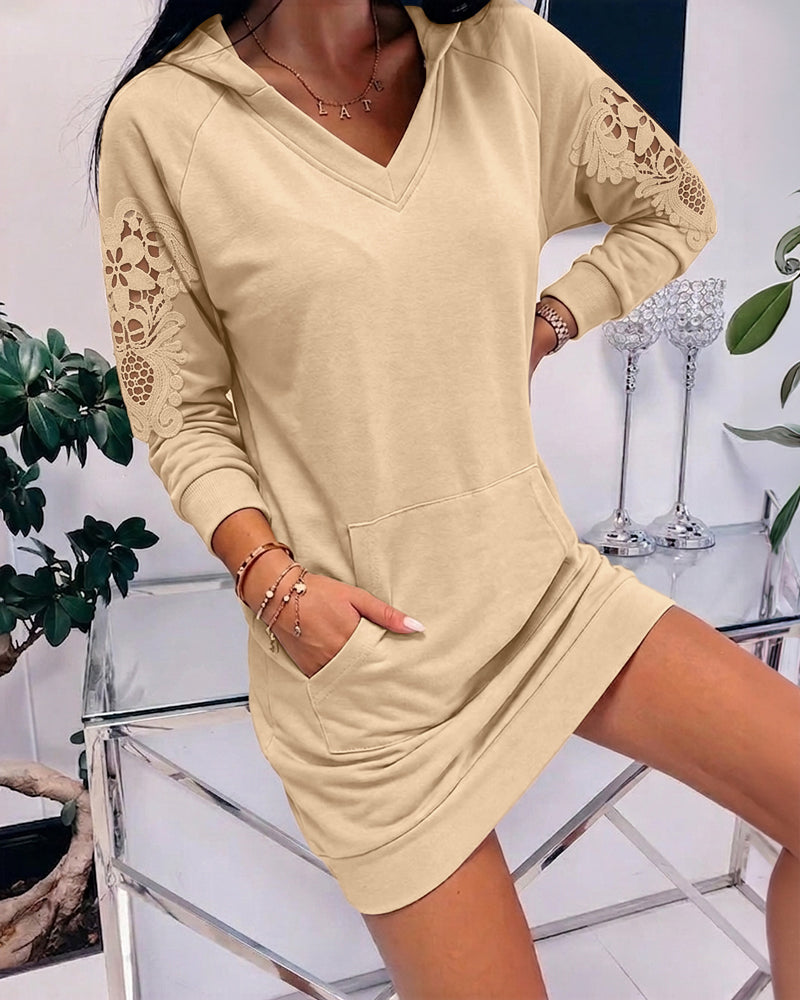 Women's Hooded Sweatshirt Dress V Neck Long Sleeve Guipure Lace Spliced Pullover Hoodie Dress with Pocket