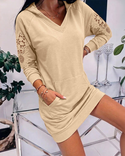 Women's Hooded Sweatshirt Dress V Neck Long Sleeve Guipure Lace Spliced Pullover Hoodie Dress with Pocket
