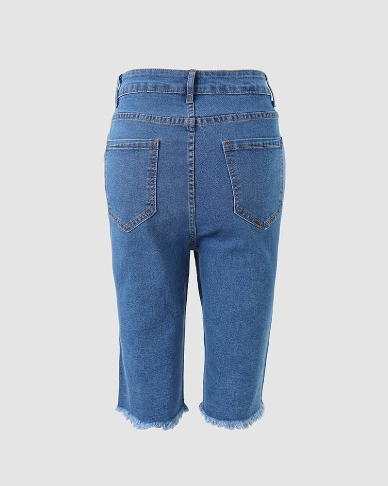 Pantalones cortos vaqueros Bermuda de mujer estilo Y2K con pedrería y perlas, rotos, con dobladillo sin rematar, efecto desgastado y adornos coloridos