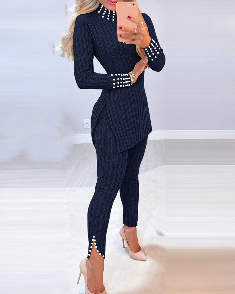 2 Pieces Outfit Mock Neck Long Sleeve Hollow-out Back Side Slit Longline Top and High Waist Slit Hem Pants Set Casual Pearls Decor Slim Fit Knit Lounge Set