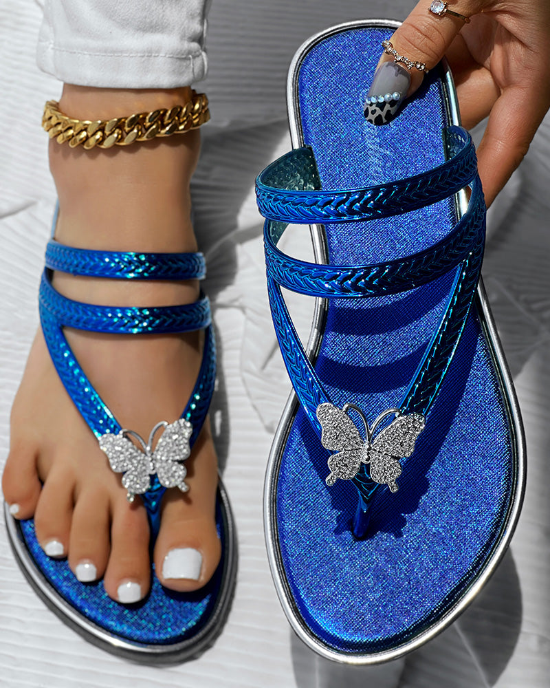 Butterfly Pattern Rhinestone Toe Post Flip Flops