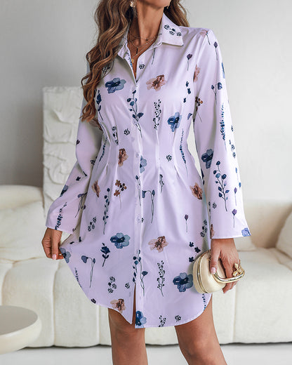 Watercolor Floral Print Turn-down Collar Turn-Up Sleeves Shirred Back Shirt Dress Casual Button Down Cinched Waist Asymmetrical Hem Vacation Dress