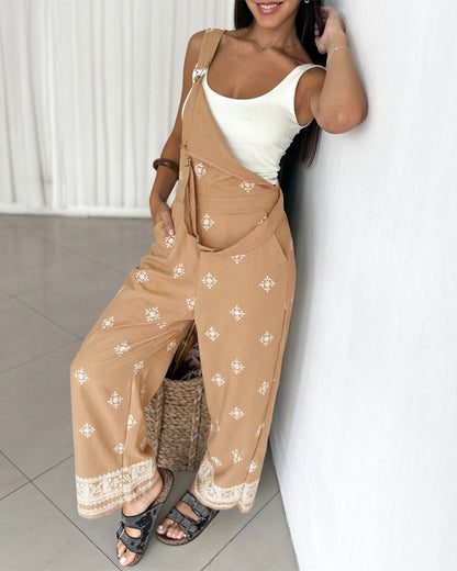 Vintage Embroidered Tribal Pattern Adjustable Straps Elastic Back Waist Suspender Jumpsuit with Front Bib Pocket