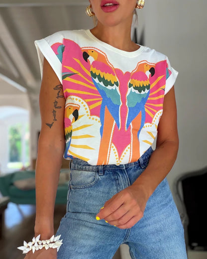 Colorblock Parrots Print O-neck Short Sleeve Tee Casual Rolled Cuffs Top