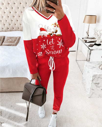 2 Piece Christmas Cartoon Santa Slaus Reindeer Let it Snow Print Long Sleeve Top Stretchy Waist Tracksuit Set