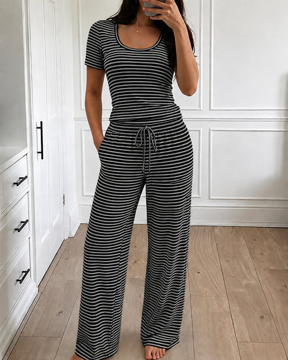 Women's 2 Piece Striped Pajama Set Short Sleeve Square Neck Crop Top and Wide Leg Pants Casual Loungewear