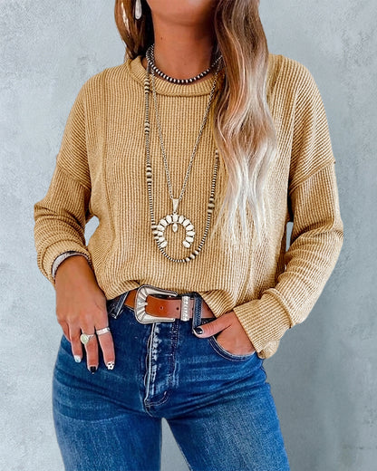 Top informal de punto acanalado para mujer, de manga larga, con costuras decorativas y cuello redondo