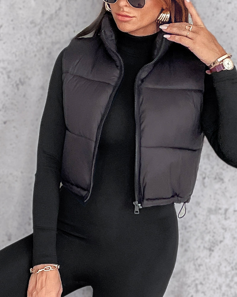 Stand Collar Zip Up Lightweight Cropped Puffer Vest Sleeveless Drawstring Hem Padded Coat