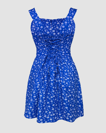 Floral Print Square Neck Thick Strap Tied Detail Romper Casual Shirred Lace-up Back Slit Skort Romper