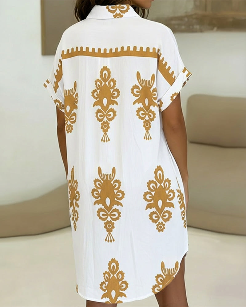 Vintage Baroque Placement Print Turn-down Collar Rolled Cuffs Button Down Shirt Dress Casual Curved Hem Vacation Dress with Pockets