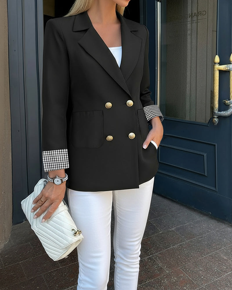 Notched Collar Golden Double Breasted Colorblock Plaid Print Cuffs Blazer Casual Pockets Design Commuting Coat
