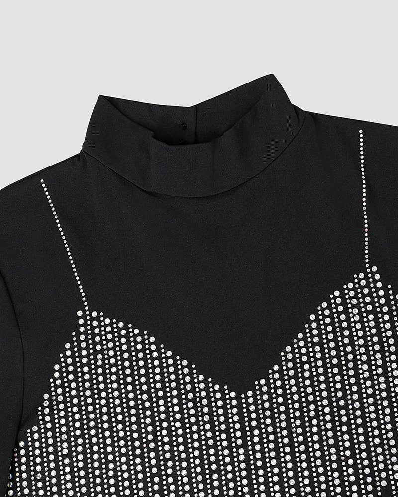 Mock Neck Long Sleeve Rhinestone Decor Top