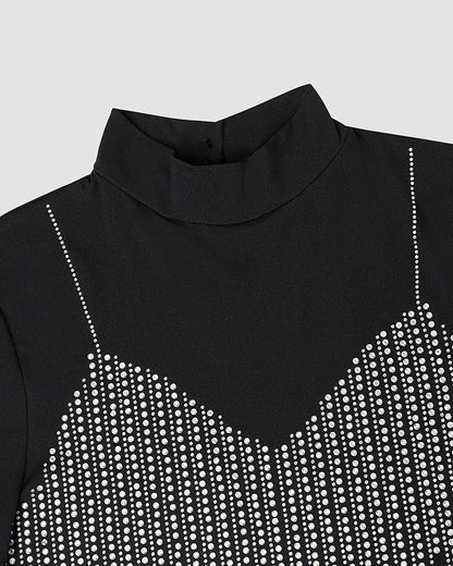 Mock Neck Long Sleeve Rhinestone Decor Top