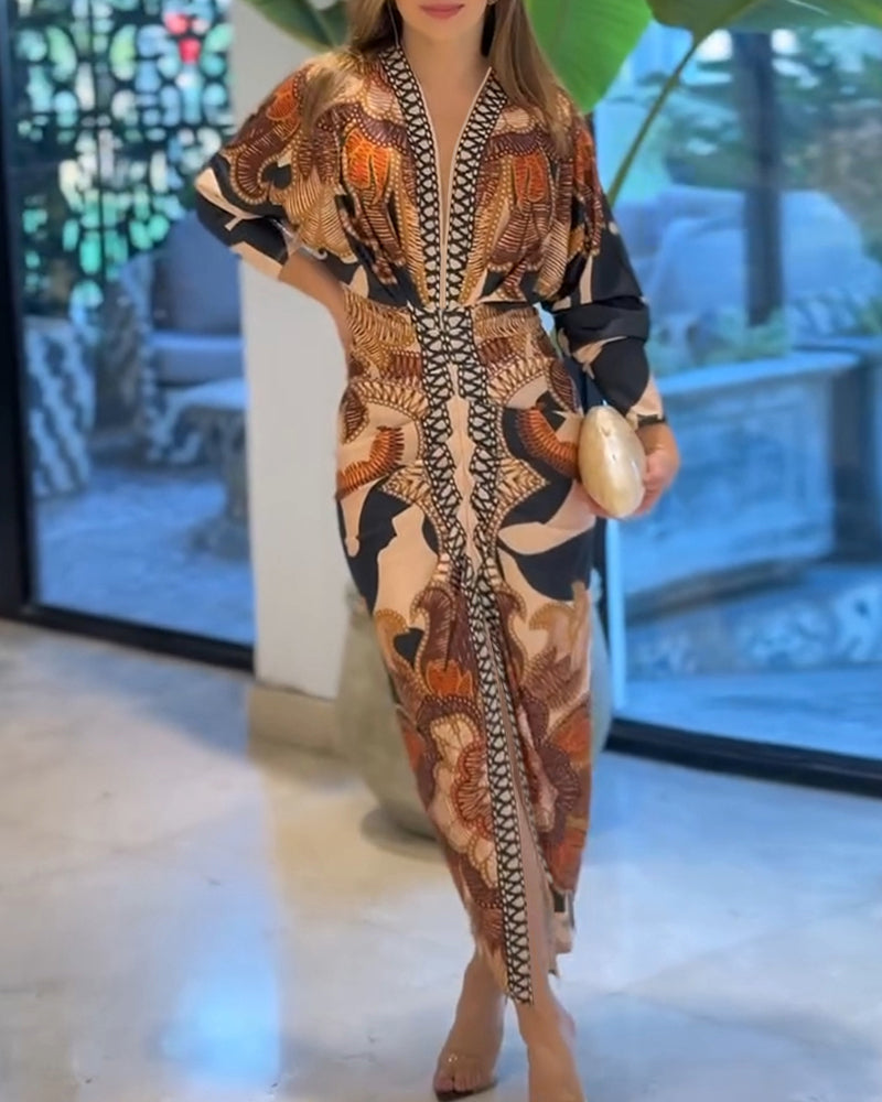 Vintage Baroque Deep V Neck Long Sleeve Slit Bodycon Dress Ruched Slim Fit Vacation Dress