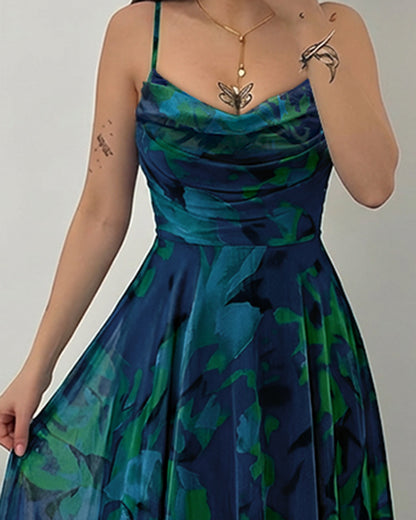 Vintage Print Cowl Neck Adjustable Spaghetti Straps A Line Dress Elegant Cinched Waist Zipper Back Party Dress